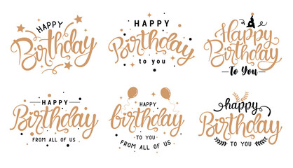 Happy birthday typography clipart set. Birth day font, text and calligraphy clip art collection for greeting, wishes and message graphic elements vector illustration. 
