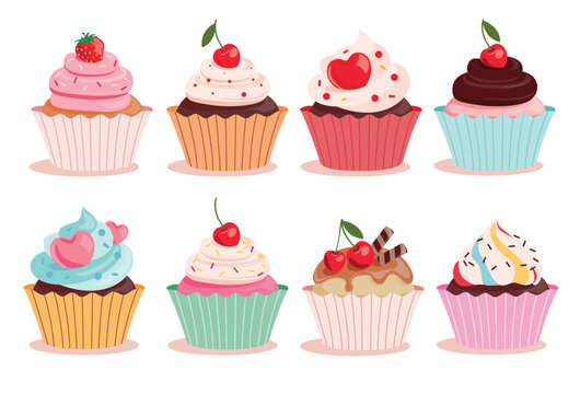 Cupcake birthday elements clipart set. Birthday cupcake drawing clip art collection birth day sweet cake delicious party food vector illustration.     
