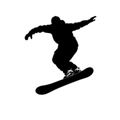 Male snowboarder performing a jump in mid-air against a snowy backdrop, showcasing athleticism and excitement in a winter sports setting. on transparent background