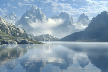 Peaceful alpine lake reflecting snowy peaks.