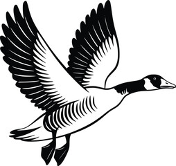 Black and white bold vector of a goose flying, isolated on white background.