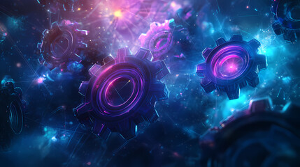 Holographic gears suspended in a fluid ocean of neon lights and soft electric currents backdrop. stellar forge. illustration. Astral Gear. Illustration