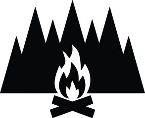 Black and white bold vector of a campfire night, isolated on white background.