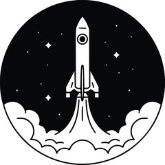 Obraz premium Black and white bold vector of a rocket launching, isolated on white background.