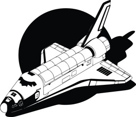 Naklejka premium Retro space shuttle vector silhouette, black and white spacecraft illustration, EPS icon for aerospace science and technology