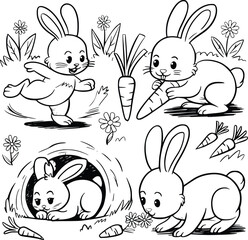 Bold black and white hand-drawn illustrations of 4 bunnies doodling hopping through gardens, munching carrots, hiding in burrows, and sniffing flowers, isolated on white.