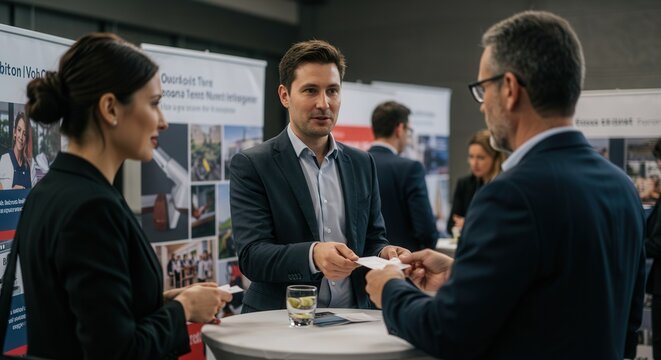People exchanging business cards at a trade show