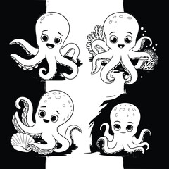 Bold black and white hand-drawn illustrations of 4 cute octopuses doodling exploring the ocean floor, swimming through coral reefs, playing with shells, and hiding in caves, isolated on white.