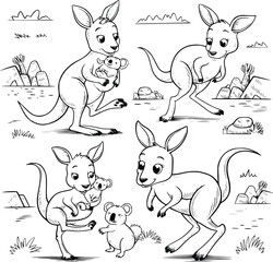 Bold black and white hand-drawn illustrations of 4 playful kangaroos doodling hopping through the Australian outback, carrying babies in pouches, and playing with other animals, isolated on white.