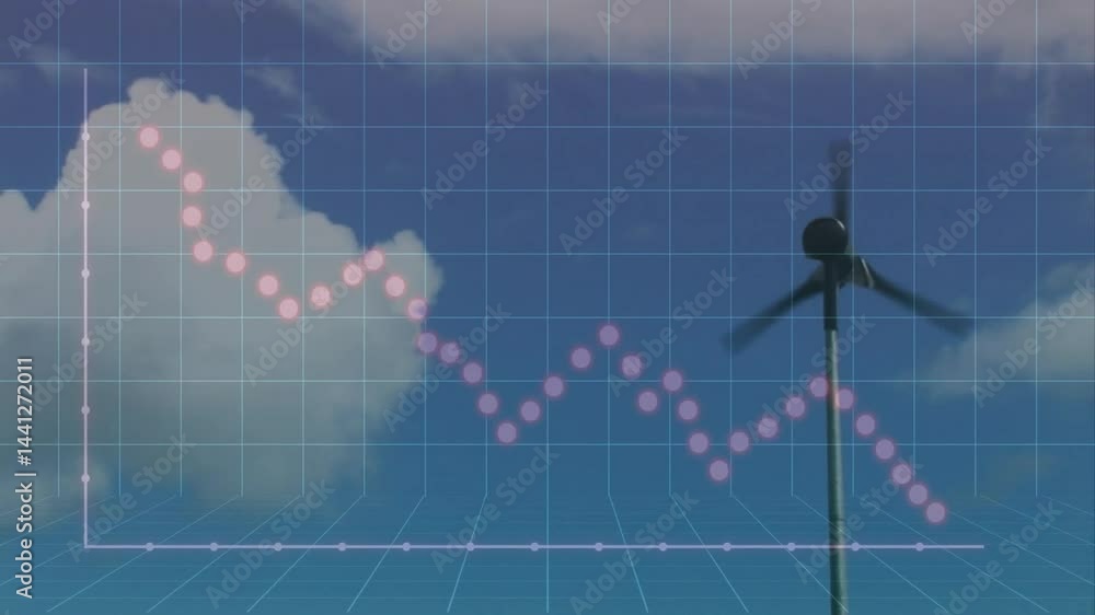 Poster modern wind turbine being visualized within 3d grid overlay, showing descending pink data points