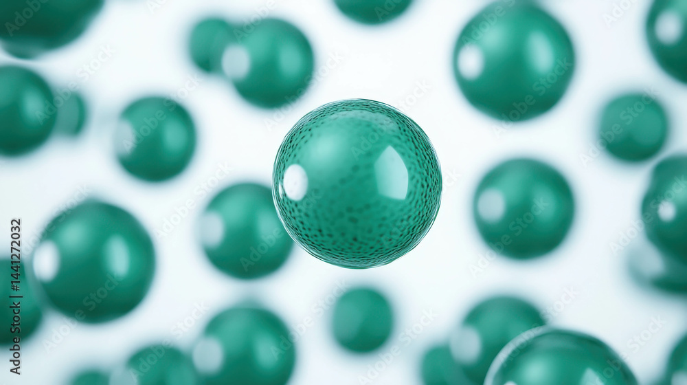 Poster green spheres in motion against soft background, abstract 3d render of floating elements