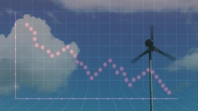 Modern wind turbine being visualized within 3D grid overlay, showing descending pink data points