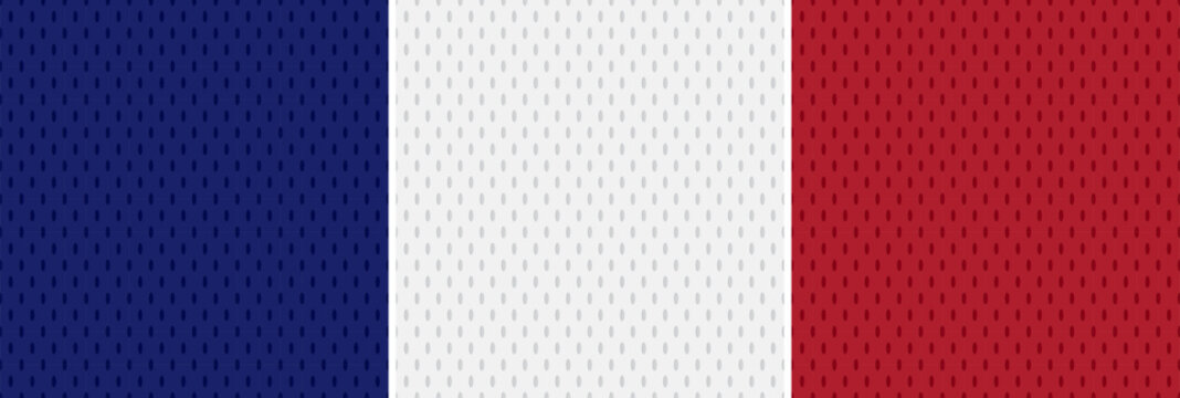 Hockey Jersey Mesh Seamless Vector Patterns in Blue, White and Red. Tricolore Sports Background. Athletic Fabric Texture Close-Up. Breathable and Moisture Wicking Sportswear Textile.