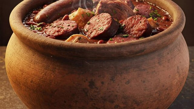 delicious Brazilian feijoada in a clay pot &ndash; 4K Close-Up