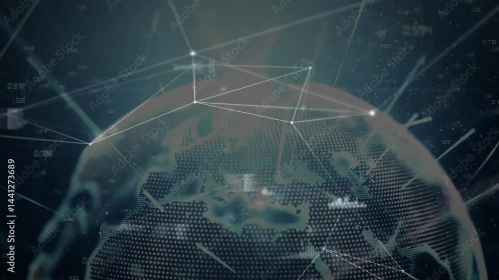 Poster dotted 3d globe rotating connecting lines glowing bar-chart overlays floating in digital interface