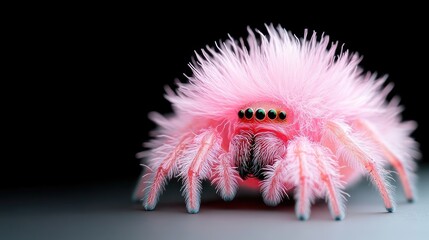 A vibrant pink fuzzy spider standing on a smooth surface, isolated on a black background, close-up shot, and unique and exotic arachnid concept.