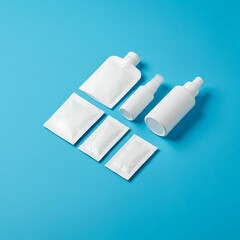 Arrangement of White Cosmetic Packaging on a Minimalist Blue Background