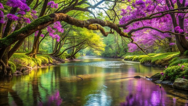 Ancient, gnarled tree branches stretch over the crystal clear waters of a mystical forest stream, where vibrant purple flowers bloom in profusion, woodland scenery, serenity
