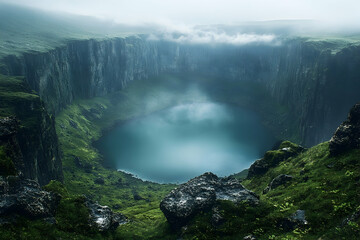 Fototapeta premium Misty crater lake nestled in a dramatic landscape.