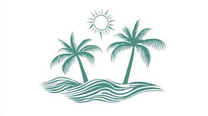 Tropical island scene, sun, palm trees, waves, vacation, background