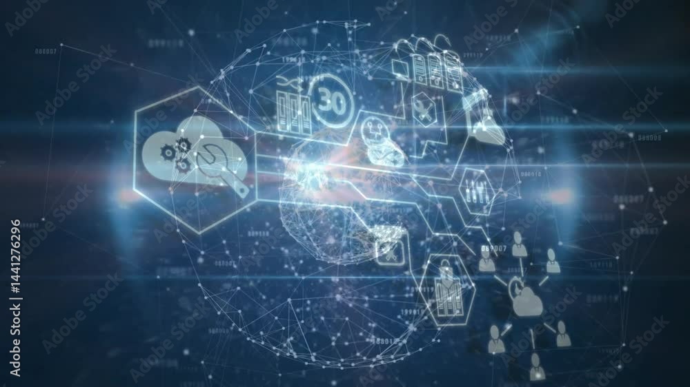 Poster 3d node globe rotating in digital network scene, featuring hexagon icons with cloud, gears, wrench