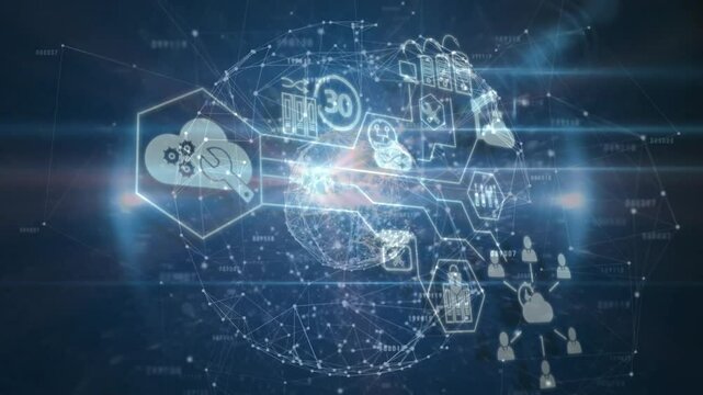 3D node globe rotating in digital network scene, featuring hexagon icons with cloud, gears, wrench