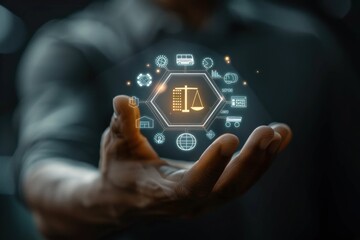 Human hand holding glowing holographic digital icons related to justice, law, global connection, transportation, and communication with a dark blurred background conveying innovation and control