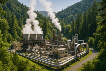 geothermal power plant in the middle of a beautiful forest