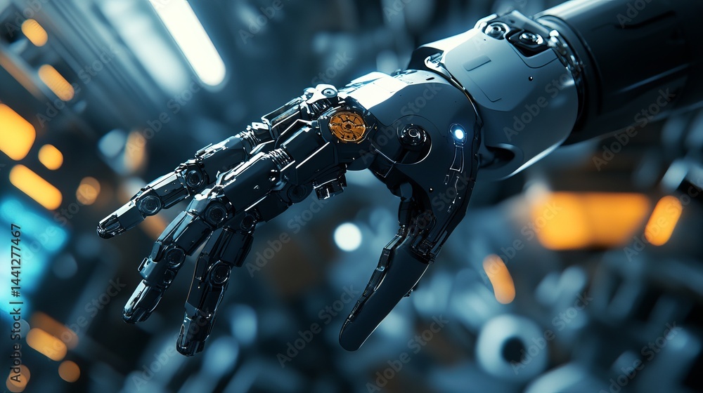 Poster advanced robotic hand futuristic technology mechanical arm detailed design engineering innovation mo