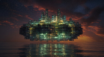 Futuristic Floating Cityscape at Twilight, Glowing Metropolis above Calm Waters