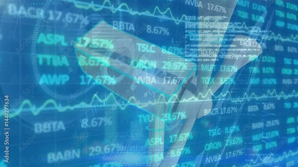 Poster white cctv camera floating over blue digital interface, displaying stock tickers and code overlays