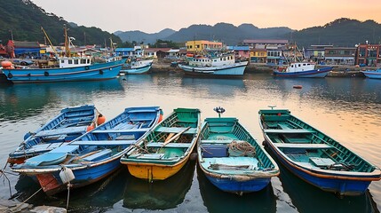 Obraz premium Colorful fishing boats moored in a calm harbor at sunset.