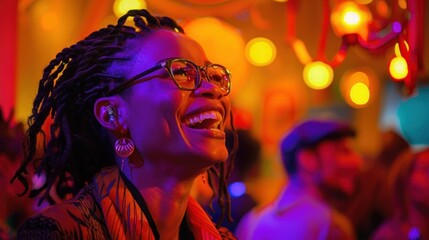 A joyful woman with glasses and braided hair smiling brightly in a warmly lit, lively indoor setting with colorful lights and blurred people in the background