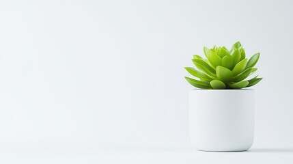 A small green succulent plant in a white ceramic pot, minimalist composition on a light background, and indoor decoration concept.