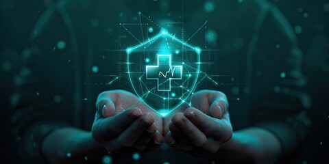 Hands gently holding a glowing digital shield with a medical cross and heartbeat symbol, representing protection, healthcare, and safety in a dark futuristic environment