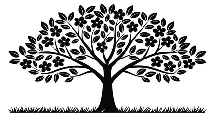 Obraz premium Blooming Tree Silhouette with Flowers and Leaves Illustration