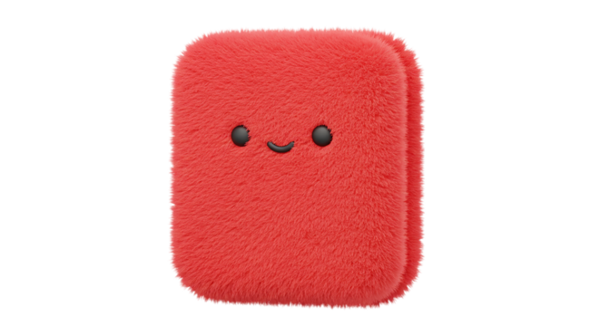 A fluffy red square with a simple smiling face isolated against a black background in a studio shot fuzzy texture  soft texture  blurry edges  fluffy look  pastel effect  soft focus  hazy style