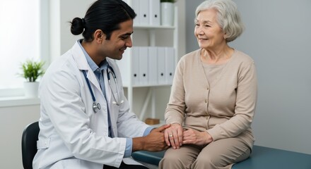 Fototapeta premium Caring doctor comforting elderly patient in a bright clinic 