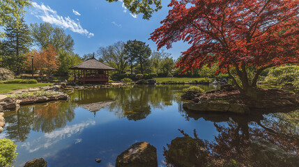 Fototapeta premium Serene Japanese garden with pond, gazebo, and vibrant foliage