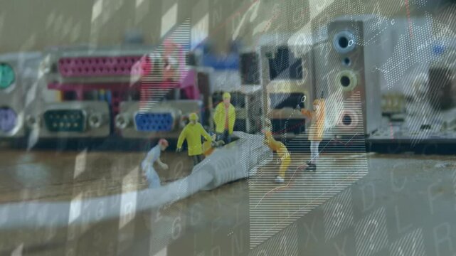 Ethernet cable being inspected on I or O panel, with plastic technicians and digital data overlays