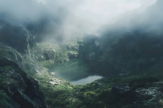 Misty mountain valley with serene alpine lake.