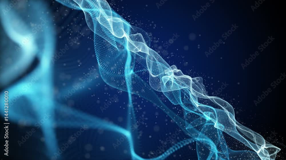 Poster futuristic video animation with particle wave object in slow motion, 4096x2304 loop 4k