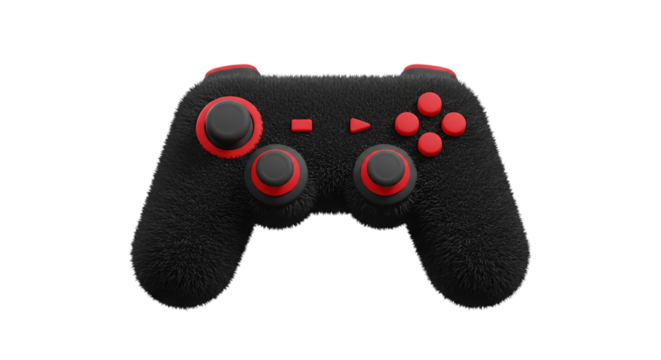 A close up of a black and red fuzzy video game controller on a black background in a studio shot fuzzy texture  soft texture  blurry edges  fluffy look  pastel effect  soft focus  hazy style