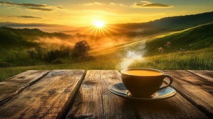 Sunrise over Misty Mountains with a Cup of Coffee