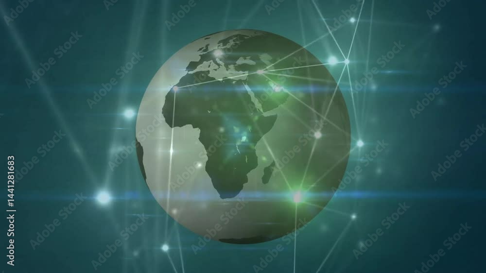 Poster 3d globe render rotating in teal digital space, showing glowing network lines orbiting continents