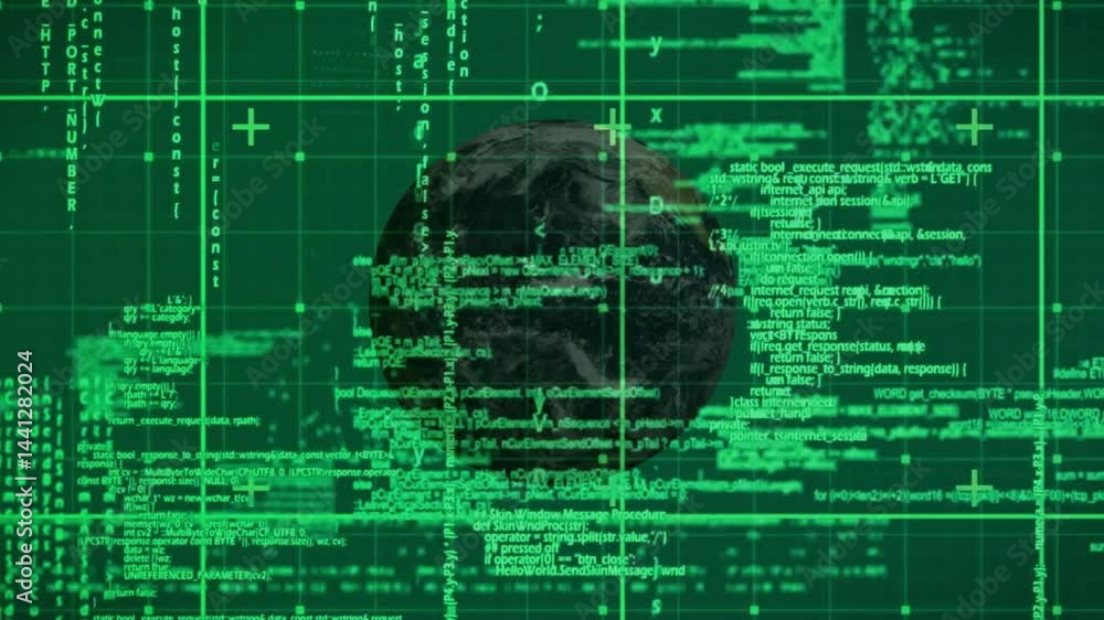 Poster digital earth globe being animated in hologram interface, with green code streams and grid markers