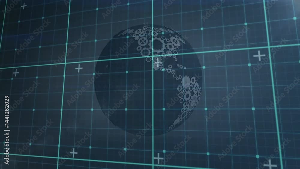 Poster semi-transparent sphere floating and rotating with gear icons within neon grid in 3d render