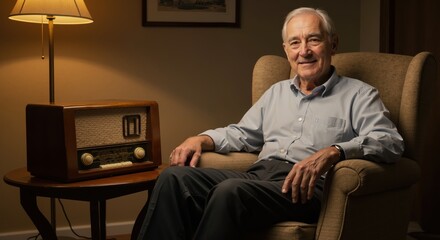 Elderly man smiling while sitting in an armchair near a vintage radio  