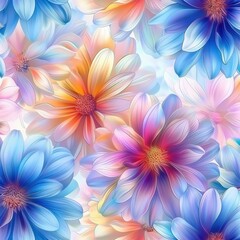 Obraz premium Colorful, large soft petals flowers overlapping in a dreamy pastel gradient background creating a serene and vibrant atmosphere