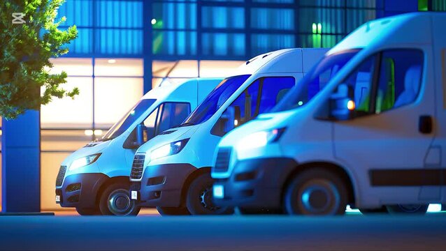 A row of white vans parked in front of a building at night with a tree nearby
